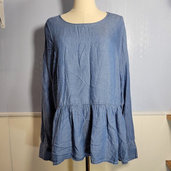 Time and Tru Extra Large Lyocell Denim Blue Longsleeve Keyhole Blouse - Picture 1 of 11